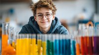 Smiling teenage boy with glasses and hoodie in science laboratory with colorful liquid samples arranged in rainbow order for chemistry experiment.