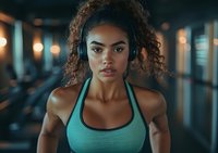Young African American woman in turquoise sports bra and headphones at gym with determined expression, curly hair, and athletic build against blurred fitness background.
