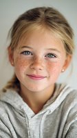 Portrait of young Caucasian girl with freckles and blue eyes wearing light hoodie, smiling gently at camera against neutral background.