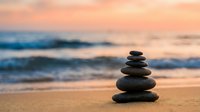 Balanced stone stack on sandy beach at sunset with soft ocean waves and golden sky creating peaceful meditation atmosphere for wellness concepts.
