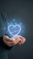 Hands holding glowing neon heart with geometric network pattern, digital love concept for healthcare technology, relationship apps, and wellness design.