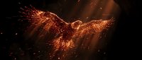 Fiery phoenix rising with glowing ember wings spread wide against dark background, dramatic light rays and sparks flying, symbolizing rebirth and power.