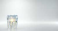 Transparent glass tooth-shaped container with golden dental roots isolated on white background, suitable for dental clinic branding, healthcare packaging design, and educational materials.