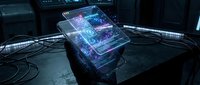 Futuristic holographic cube displaying digital data interfaces and glowing elements in high-tech laboratory environment for sci-fi technology concepts.