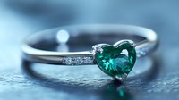 Emerald heart-shaped gemstone set in silver band with diamond accents, displayed on textured surface. Engagement ring for weddings, jewelry photography, luxury accessories.