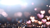 Dreamy pink heart bokeh lights on dark background with glowing sparkles and magical glitter effect creates romantic atmosphere for Valentine's Day designs.