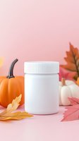White supplement bottle with autumn pumpkins and colorful fall leaves on soft pink background for seasonal health and wellness marketing.