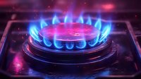 Blue gas flame burning on kitchen stove with vibrant pink and purple lighting effects creating dramatic atmosphere for energy and heating concepts.