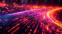 Abstract digital wave with glowing particles and bokeh lights in purple, pink and orange colors creating futuristic data flow visualization for technology concepts.