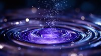 Abstract purple and blue swirling vortex with glowing particles and bokeh lights, creating a dynamic energy spiral effect for digital backgrounds and visual effects projects.