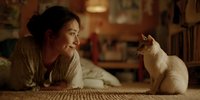 Young Asian woman in cozy sweater lying on bed smiling at white cat in warm bedroom interior. Pet owner bonding with feline companion at home.