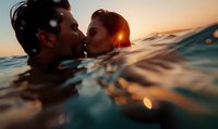Romantic couple kissing in ocean water during golden sunset, creating intimate moment with sun flare and gentle waves.
