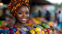 Young African woman in traditional colorful headwrap and dress smiling while holding basket of fresh tropical fruits at vibrant outdoor market.