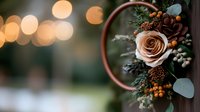 Romantic floral wreath with dusty rose, pine cones, berries and eucalyptus against blurred bokeh lights background, wedding decoration detail.