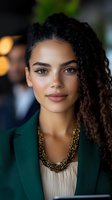 Young mixed-race businesswoman with curly hair wearing green blazer and gold necklace smiling confidently in modern office environment for corporate headshots.
