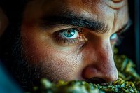 Close up portrait of male face with intense bright blue eyes and strong eyebrows in dramatic lighting, showing determination and mystery against dark background.