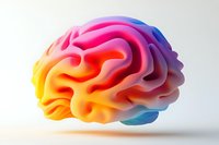 Colorful gradient brain model with vibrant rainbow hues from yellow to pink to blue, representing creativity, intelligence and mental health concepts.