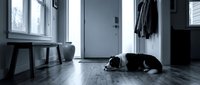 Black and white dog lying on wooden floor in modern minimalist entryway with natural light from windows creating peaceful domestic scene.