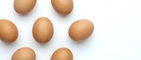 Fresh brown chicken eggs arranged on clean white background for cooking and baking recipes in kitchen food photography.