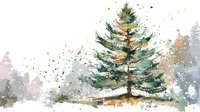 Watercolor pine tree in winter forest landscape with snow and golden accents, artistic nature scene for seasonal greeting cards or wall art.