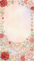 Romantic floral frame with red and cream roses, decorative hearts, and ornamental scrolls on soft pastel background. Isolated design element suitable for wedding invitations, greeting cards, and stationery projects.