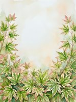 Watercolor botanical frame with variegated foliage featuring green and pink leaves arranged on sides and bottom, creating isolated border design suitable for invitations, cards, and print projects.