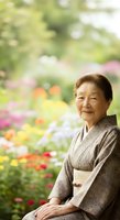 Senior Asian woman wearing traditional gray kimono sitting in blooming flower garden with colorful blossoms, peaceful outdoor portrait for lifestyle and wellness content.