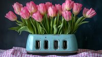 Pink tulips in vintage mint green toaster vase on checkered tablecloth against dark background. Spring flower arrangement home decor concept.