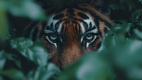 Majestic tiger face with piercing blue eyes peering through dense green jungle foliage, wild cat predator in natural habitat for wildlife photography projects.