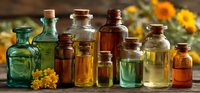 Collection of colorful glass bottles with cork stoppers arranged on wooden surface with yellow flowers in background, ideal for aromatherapy or herbal remedies.