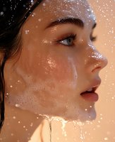 Side profile of young Asian woman with water drops on face, glowing skin, and dramatic eyelashes against warm backlight creating ethereal atmosphere.