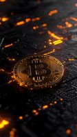 Golden bitcoin on circuit board with glowing orange lights and dark background, dramatic cryptocurrency concept for financial technology and digital money.