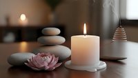 Zen spa composition with burning candle, stacked stones, pink lotus flower and incense creating peaceful meditation atmosphere for wellness relaxation.