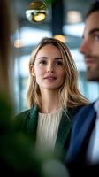 Young blonde businesswoman in green blazer having professional conversation with male colleague in modern office environment for corporate communications.