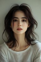 Young Asian woman with natural makeup and flowing dark hair wearing white sweater against neutral background, soft lighting creates gentle mood and ethereal portrait effect.