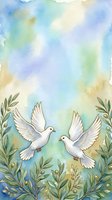 Two white doves fly among olive branches in soft watercolor style with pastel sky, symbolizing peace, love and harmony for wedding, greeting cards and spiritual designs.