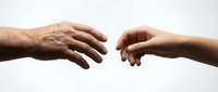 Elderly and young hands reaching toward each other symbolizing connection, support, care, and intergenerational bond between generations on white background.