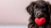 Adorable chocolate brown puppy holding red heart shape toy in mouth against soft pink background, sweet Valentine's day or love concept pet portrait.