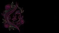 Elegant line art portrait of woman with flowing hair adorned with roses on black background. Minimalist feminine design for beauty and fashion projects.