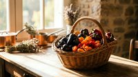 Wicker basket filled with fresh plums and orange cherry tomatoes on a rustic wooden table in a sunlit farmhouse kitchen.