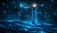 Glowing lighthouse beacon illuminates stormy night sea with magical blue light and sparkles, waves crashing against shore in mystical maritime scene.