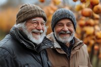Two senior men with beards wearing winter hats and jackets smile at pumpkin patch during autumn harvest season for seasonal marketing and lifestyle content.