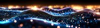 Glowing digital wave with sparkling particles flowing on dark background, abstract technology visualization with light effects and bokeh elements.