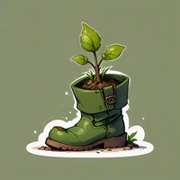 Green military boot with growing plant sprout, soil and magical sparkles on white isolated background. For stickers, prints and eco designs.