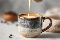 Creamy coffee being poured into handcrafted ceramic mug with textured gray and beige glaze, creating latte art on warm beverage surface.