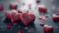 Red heart shaped gummy candies with sugar coating scattered on dark slate background, romantic mood with selective focus and bokeh effect for Valentine's day.