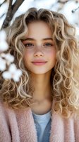 Young blonde woman with curly hair and freckles smiling outdoors in winter, wearing cozy pink cardigan sweater for lifestyle and fashion content.