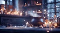 Magical cauldron with sparkling potion in mystical alchemy workshop surrounded by glowing candles and mysterious ingredients at night.