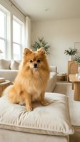 Adorable fluffy Pomeranian dog sitting on beige sofa in modern minimalist living room with natural light and plants for pet lifestyle content.