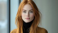 Young woman with natural red hair and bright blue eyes wearing mustard yellow sweater and black turtleneck looking directly at camera with gentle smile.